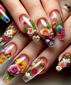 24pcs/48pcs/96pcs 3D Gorgeous Flowers Press On Nails - Square Medium Length False Nails for Women And Summer, Glossy Finish with Jelly Glue & Nail File, Blue & Red Coloful Floral Design Fake Nails, Perfect for Stylish Manicures, Creative Beauty