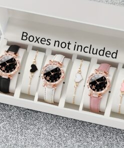 6pcs/set Women'S Fashion Simple Petal Digital Scal Dial Quartz Watch Combination Set + Combination Set | Non-rechargeable Button Battery, Alloy , Faux Leather Band, Round Shape (Box Not Included)