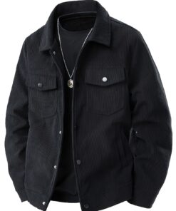 Men's Corduroy Cargo Jacket - Black, Multi-Pocket Design with Flap Pockets, Button-Up Front, Long Sleeve, Casual Style, Machine Washable