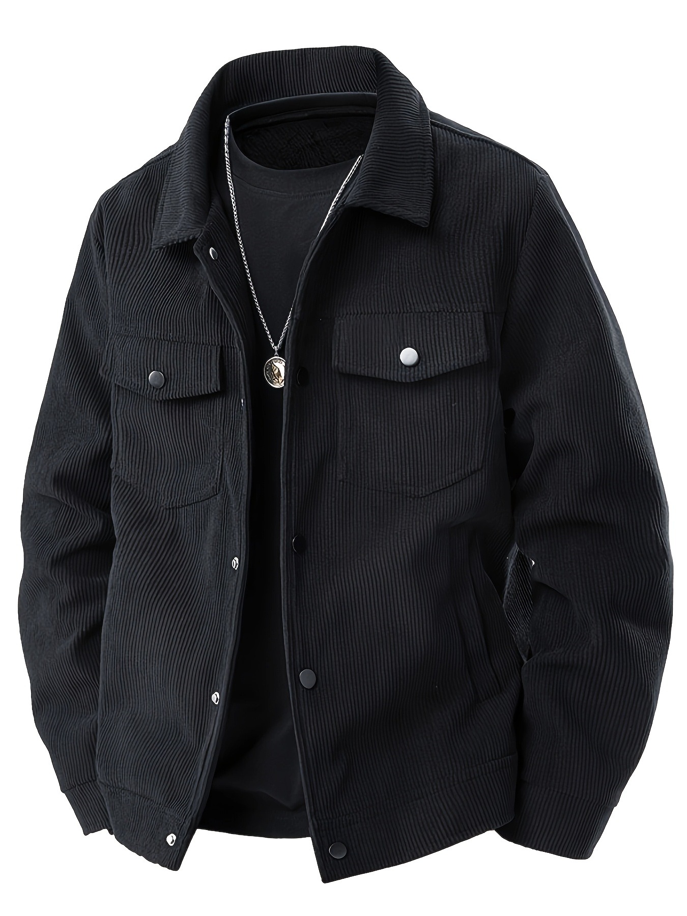 Men's Corduroy Cargo Jacket - Black, Multi-Pocket Design with Flap Pockets, Button-Up Front, Long Sleeve, Casual Style, Machine Washable