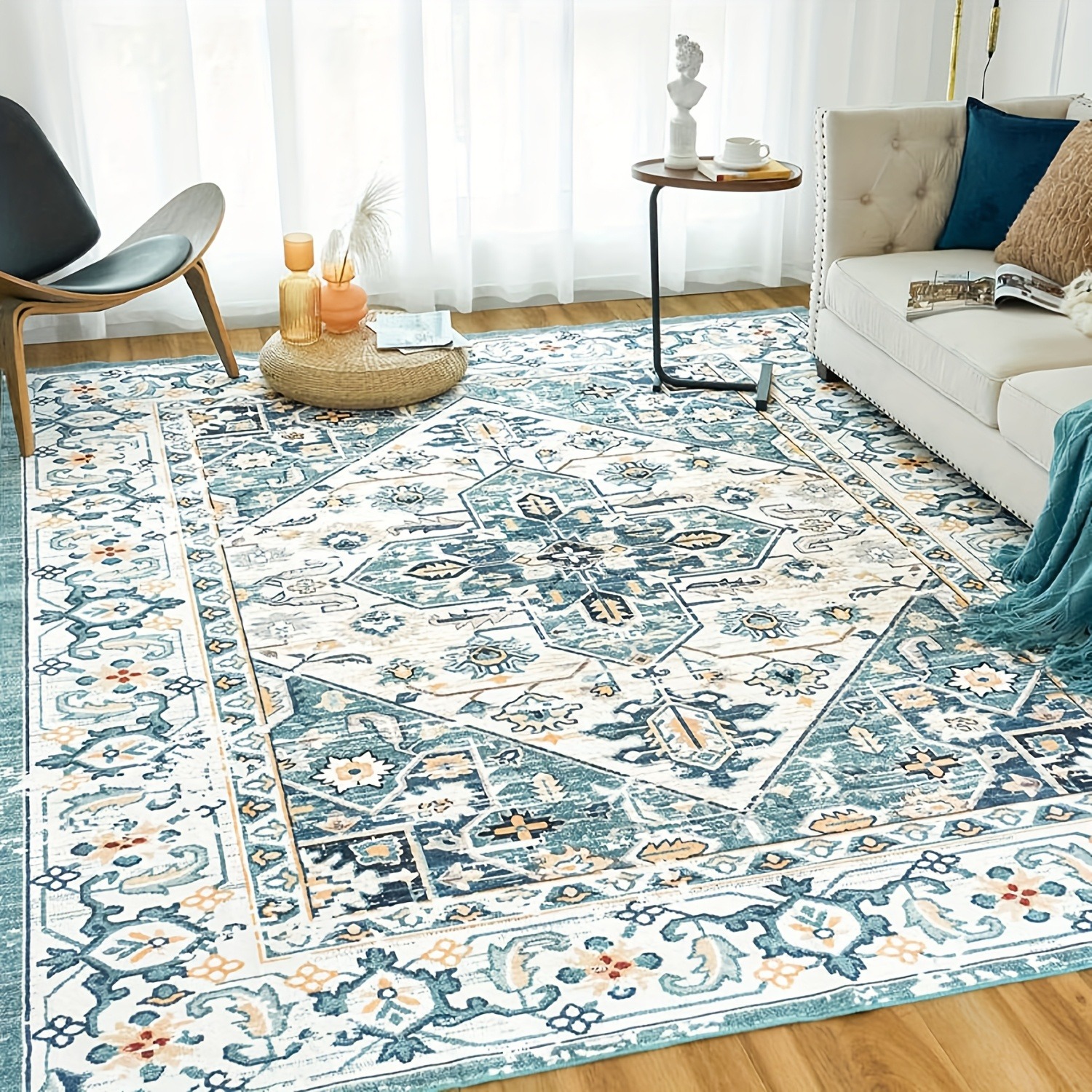 Persian Ethnic Retro Patterned Living Room Mat, Washable Mat, Non-slip And Easy to Clean, Soft Suitable for Bedroom Floors, Living Room, Large Size Living Room Decorative Mat.