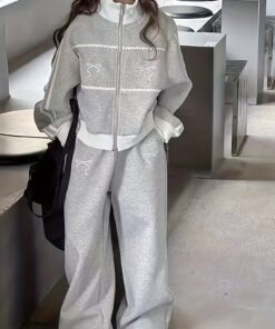 2pcs Girls' Elegant Bow & Lace Trim Sports Set - Zip-Up Stand Collar Jacket & Long Sweatpants, Soft Non-Stretch Fabric, All-Season Casual & School Outfits, with Piping, Cozy Winter Clothing for Casual Attire (No Chest Padding, Easy-Care)