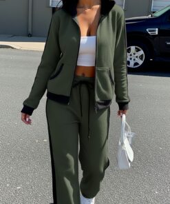 Grey And Black Color-Blocked Hoodie Wide-Leg Pants Set for Women | Casual And Street Style for Daily Outing, Home And .