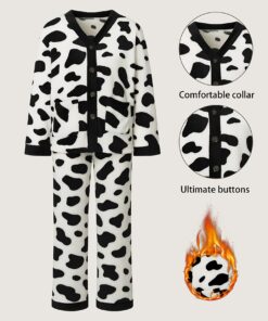 Women'S Autumn And Winter Fashion Flannel Pajama Set with Cow Print Long Sleeves And Trousers. Comfortable And Smooth Feel. Soft Fabric Is Machine Washable And Can Be Worn As a Home Wear.