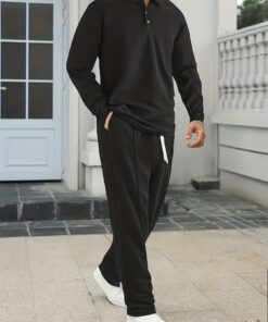 New European And American Men's Casual Suit, Made Of Comfortable High-quality Fabric, Featuring A Long-sleeve Shirt And Drawstring Pants - Refreshing, Comfortable, Breathable, Perfect for Outdoor Vacation Coordination., Leisure Activity Wear, Long Sleeve Shirt And Pants, Breathable Lounge Suit, Minimalist Aesthetic, Solid Color Design, Breathable Material