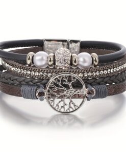 1pc Women'S Bohemian Multilayer Braided Artificial Leather Wrap Bracelet with Alloy Metal Tree of Life Charm - Multicolor Beaded Bracelet for Everyday & Special Occasions, Valentine'S Gift Jewelry, Bohemian Bracelet, Party Accessory, Vintage Charm
