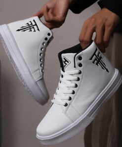 Men'S White PU Sneakers - Lace-Up High-Top Shoes, Cushioned TPU Sole for All-Season Streetwear, Office, Travel - Minimalist Chic Design for Everyday & Formal Wear