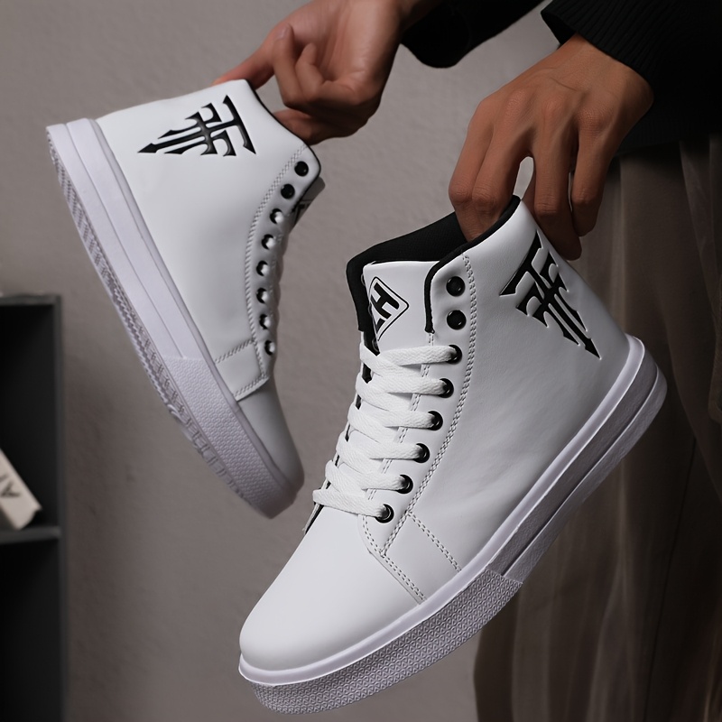 Men'S White PU Sneakers - Lace-Up High-Top Shoes, Cushioned TPU Sole for All-Season Streetwear, Office, Travel - Minimalist Chic Design for Everyday & Formal Wear