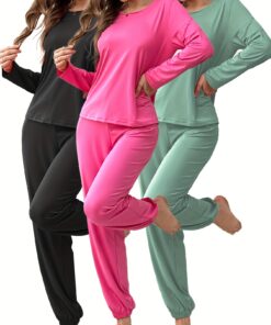 3 Sets of Women'S Pajama Sets, Round Neck Long-Sleeved Top+ Solid Color Trousers, Solid Color Fabric, Comfortable Home Casual Loungewear Can Be Worn Outside, Pajamas, Cozy Home Attire, Relaxed Fit, Soft Texture, Lounge Wear, Adults, Winter Pajamas, Casual Style, Breathable Material, Pajama Set, Adults Pajamas