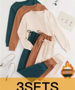 Women'S Solid Long Sleeve T-shirt and Drawstring Pants Lounge Set | Comfortable Crew Neck Pajama Sets with Pocket, All-Season Soft Sleepwear for Adults