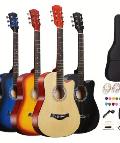 A Full-Sized Acoustic Guitar Designed for Beginners, Measuring 38 Inches. Ideal for Novice Players, It Includes Guitar Strings, a Carrying Bag, a Capo, Finger Picks, And More. Available in Various Colors, Making It a Perfect Christmas Present.