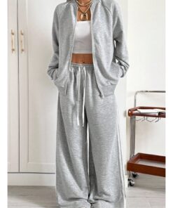 Women'S Oversized Zipper Sweatsuit Set - Full-Zip Jacket & Wide-Leg Pants with Drawstring Waist, Soft Grey swear for, Lounge, Streetwear - Cozy Fall/Winter Outfit, Casual Wear, Clothing, y Look, Comfortable Fabric, Breathable Material, Women