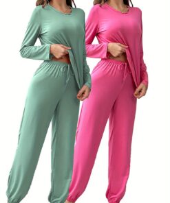 2 Sets of 4 Women'S Pajama Sets, 2 Long-Sleeved Tops+ 2 Leggings Trousers, Green+ Rose Red, Solid Color Crew Neck, Fabric, Comfortable Home Casual Loungewear Can Be Worn Outside, Perfect for Adult