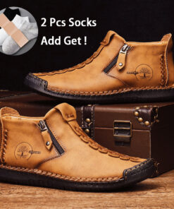 Men's Vintage Style Ankle Boots and Hiking Shoes- Lace Up with Side Zipper, Casual Outdoor for Daily and Adventure Use Add Get 2pcs Sock