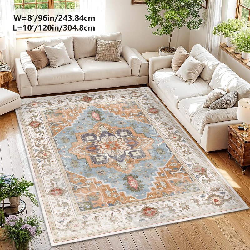 Vintage Bohemian Fleece-Feel Area Mat - Washable, Non-Slip, Decorative for Living Room, Bedroom, and More - Available in Multiple Sizes (2x3ft to 8x10ft) - Intricate Floral & Geometric Patterns in Blue, Beige, Red, Yellow, White & Black - Perfect for Sofa, Doorway, or Outdoor Spaces, Rugs for Living Room