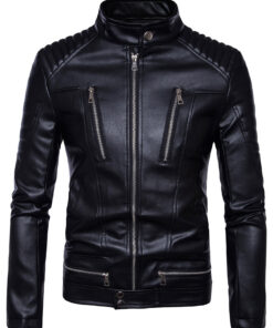 Men'S Slim-Fit Motorcycle Jacket - Black Zip-Up Biker Coat with Stand-Up Collar, Non-Stretch Faux Leather Outer Shell for Urban Commute & Formal Events - Lightweight Motorcycle Riding Jacket for Teens & Adults, Motorcycle Gear, Casual Streetwear, Sleek Design, Durable Construction, Young Adults