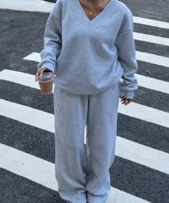 2pcs Light Gray V-Neck Sweatshirt + Wide-Leg Pants Set for Women | Comfortable casual design, perfect for fall/ winter commuting and everyday streetwear