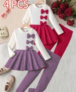 4pcs Set: Girls' Bow-Decorated Knit Top and Trousers Set | Pretty Red and Purple Coordinated Outfit, Soft Comfortable Fabric, Crew Neck, Long Sleeve, Casual Style for Spring/Fall, for Outdoor