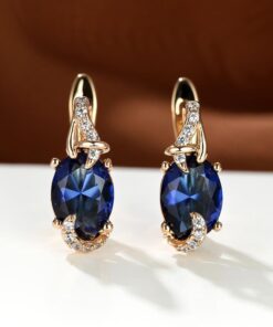 18K Gold Plated Blue Stone Stud Earrings Trendy Women Round Oval Cut White Blue Red Pink Stone Drop Earrings Anniversary Claw Earrings Jewelry