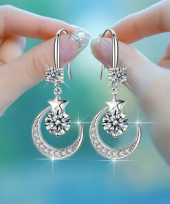 Shiny Moon & Star Theme Drop EEarrings With Inlaid Round Cut Shiny Zircon Pendant, Elegant Hook Earrings For Valentine's Day Gift