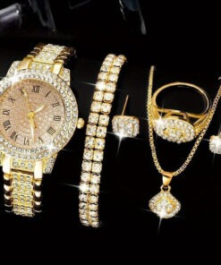Set of Jewelry Including a Golden Watch, Ring, Necklace, Earrings, And a Stylish Wristwatch for Women.
