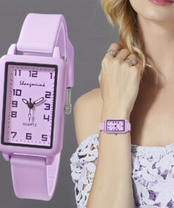 Candy Color Rectangle Quartz Watch Cute Fashion Analog Silicone Band Wrist Watch For Women Daily Use