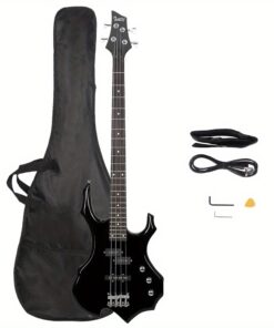 Burning Fire Electric Bass Guitar Full Size 4 String Cord Wrench Tool Black
