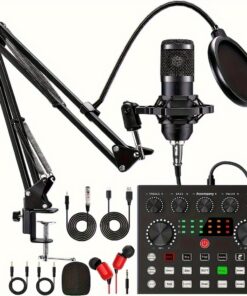 All-in-One Podcast Gear Kit with BM-800 Microphone & 4-Channel Audio Mixer (13 Functions)-Studio-Grade Condenser Mic+Pop Filter+10 Live Streaming Sound Effects for Recording & Voice Work