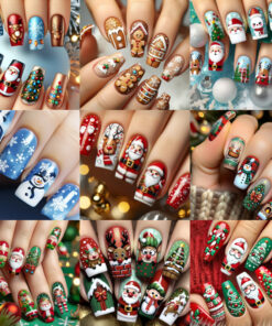 216pcs (9pcs) Christmas Press on Nails Medium Square Shaped Fake Nails with Santa, Snowman & Reindeer Winter Snowman Elk Xmas Tree Design Glossy False Nails Full Cover Acrylic Christmas Nails Stick on Nails for Women Manicure Decor