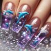 24pcs 3D Dolphin Press On Nails - Glossy False Nails with Jelly Glue & Nail File, Tips, Medium Length Square Fake Nails for Women, Mermaid & Ocean Theme Manicure (Vibrant Blue/Purple, Bubbles & Starfish) - Durable
