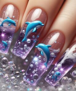 24pcs 3D Dolphin Press On Nails - Glossy False Nails with Jelly Glue & Nail File, Tips, Medium Length Square Fake Nails for Women, Mermaid & Ocean Theme Manicure (Vibrant Blue/Purple, Bubbles & Starfish) - Durable