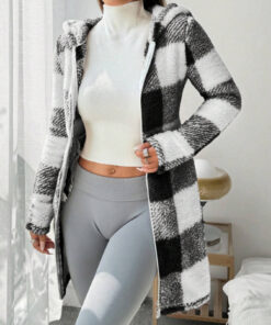 1pc Black & White Plaid Hooded Mid - Length Coat for Women | Faux Material, Fleece Lined for Warmth, Perfect for Fall/ Winter Commuting and Casual Outings