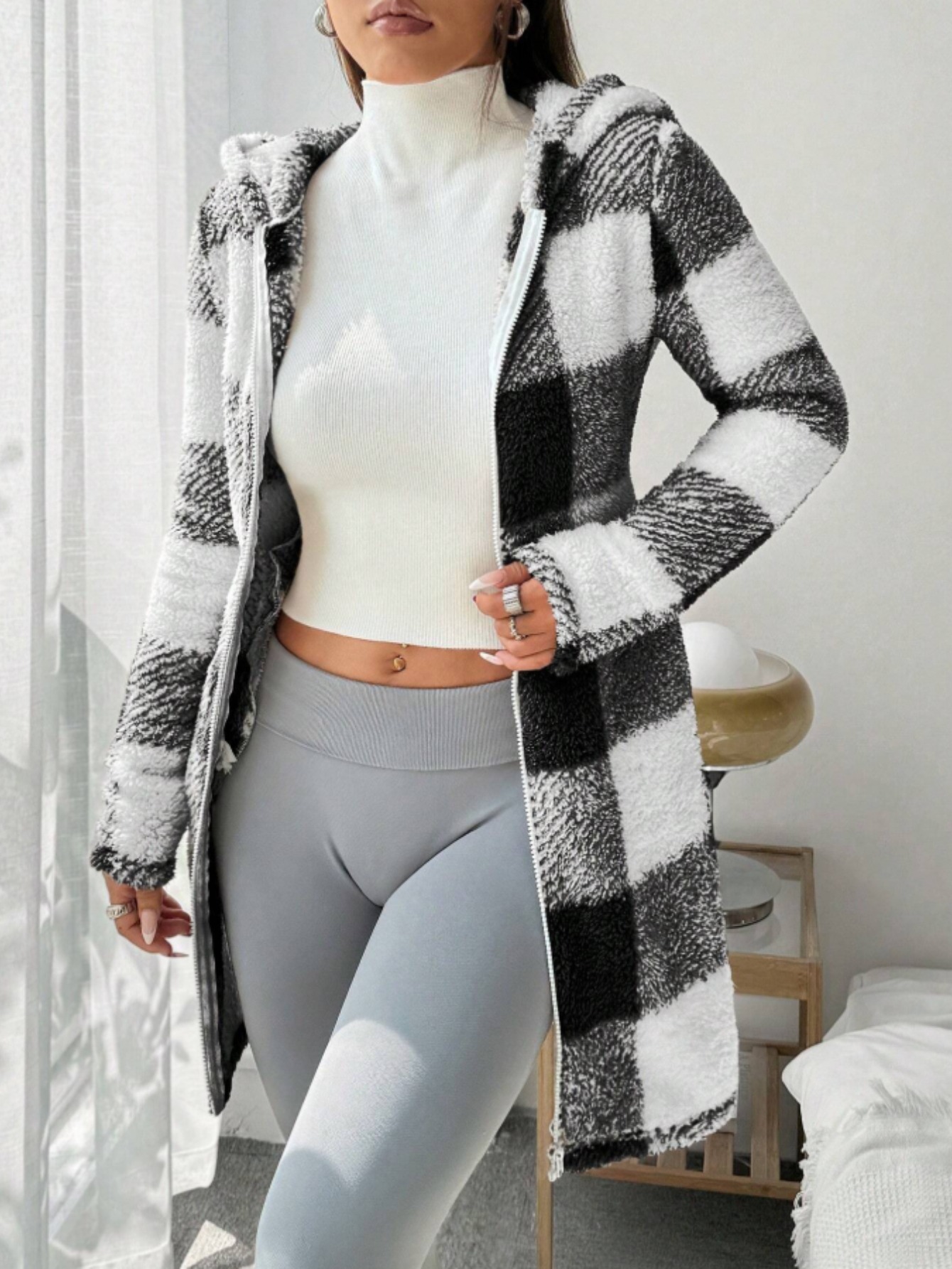 1pc Black & White Plaid Hooded Mid - Length Coat for Women | Faux Material, Fleece Lined for Warmth, Perfect for Fall/ Winter Commuting and Casual Outings