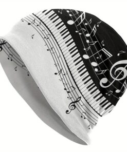 Men's Music Piano Keyboard Beanie Hat - Black & White Musical Notes Design, Soft Stretchy Skull Cap for Cold Weather, Novelty Winter Accessory for Music Lovers, Cold Weather Gear, Musicthemed Apparel, Comfortable Headgear, Outdoor Headwear, Stylish Headwear, Cozy Headwear, Streetwear Accessory