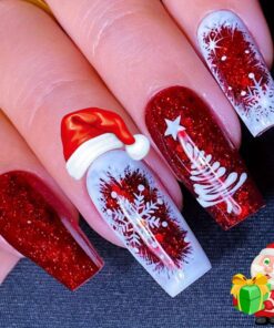 24Ppcs/48pcs Christmas Square Medium Press On Nails Kit - Christmas Red Atmosphere Christmas Tree White Snowflakes Reusable Fake Nail Art For Women, Removable Flase Nails With Glossy Finish Includes Jelly, Nail File & More For Christmas Day.