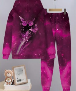 Girls' 2pcs Purple Butterfly & Star Print Hoodie & Pants Set - 100% Winter Warmth Casual Outfit with Hooded Sweatsuit, Long Sleeve Play Clothes for Outdoor Activities, School & Travel - Cozy Gift for Girls (Pink/Purple) - Easy-Care Durable Fabric
