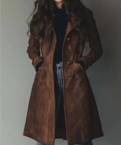 Dark Brown Long-Cut Trench Coat Jacket for Women | Vintage-Inspired Elegant Lapel Design, Perfect for Autumn And Winter Casual Outings And Professional Commuting, Solid Color with Button Details.