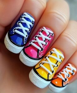 48 Press Nails | Canvas Shoes Style and Black Line Design, Medium and Long Ballet Fake Nails, Glossy Acrylic, Mixed Color System, Suitable for Daily Wear, Decorative Press Nails