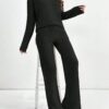 Women's Autumn Winter Fashion Casual Loungewear Set, Ribbed Brushed Top & Pants Two-Piece Outfit