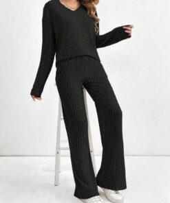 Women's Autumn Winter Fashion Casual Loungewear Set, Ribbed Brushed Top & Pants Two-Piece Outfit