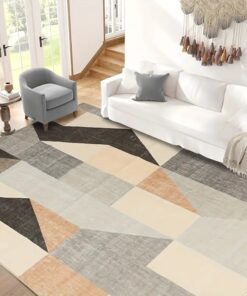 Luxury Velvet Rug Mat - Ultra-Soft, Non-Slip, Machine Washable, Orange, Gray, and Black Nordic Geometric Pattern Design - Suitable for Living Room, Bedroom, Office Decoration - Multiple Sizes Available, Living Room Carpet, Ultrasoft Material