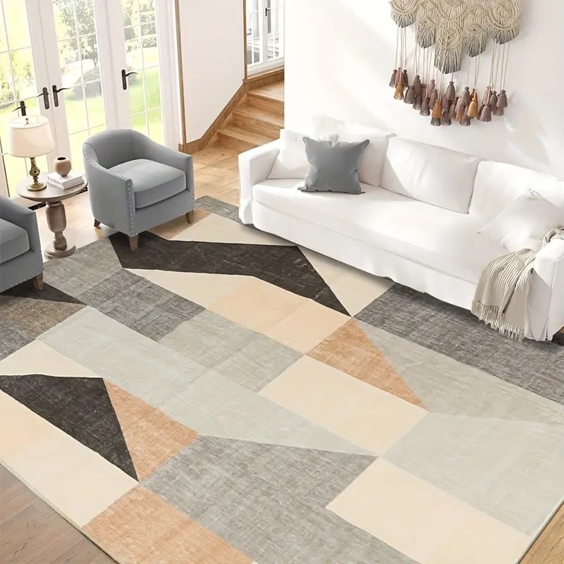 Luxury Velvet Rug Mat - Ultra-Soft, Non-Slip, Machine Washable, Orange, Gray, and Black Nordic Geometric Pattern Design - Suitable for Living Room, Bedroom, Office Decoration - Multiple Sizes Available, Living Room Carpet, Ultrasoft Material