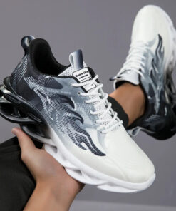 Men'S Fashion Sports Shoes- Versatile Casual Outdoor Running Shoes, Soft and Durable PVC Sole- Breathable Fabric Upper, Suitable for Training, Walking, and Travel- Stylish Black and White Design with Unique Flame Pattern