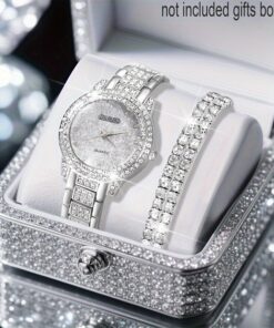 3pcs/ Set Elegant Ladies' Quartz Wrist Watch & Shiny Versatile Rhinestone Bracelet - Perfect Gift for Girlfriend, Valentine's Day, Graduation, Ramadan, Friends, Mother's Birthday, Suitable for All Occasions, Elegant Style