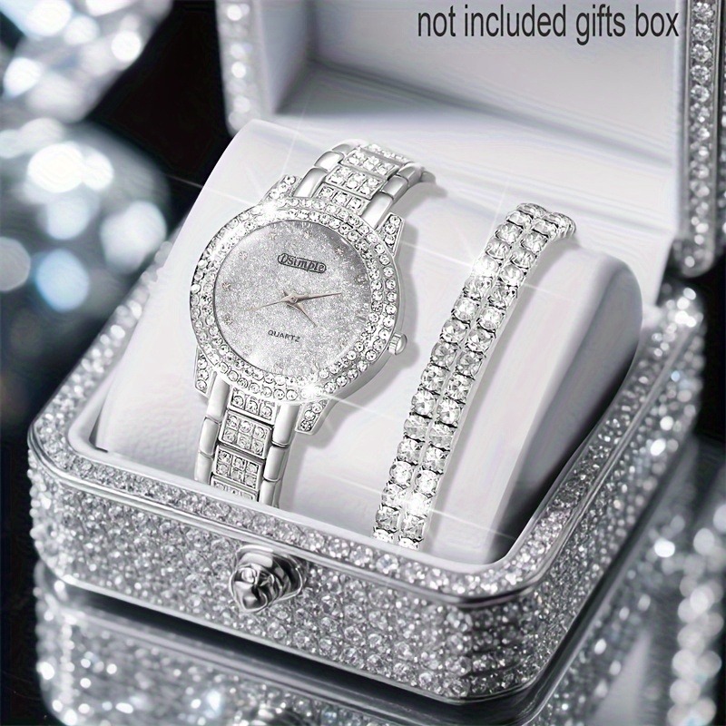 3pcs/ Set Elegant Ladies' Quartz Wrist Watch & Shiny Versatile Rhinestone Bracelet - Perfect Gift for Girlfriend, Valentine's Day, Graduation, Ramadan, Friends, Mother's Birthday, Suitable for All Occasions, Elegant Style