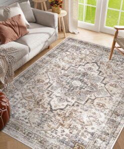 Bohemian Beige Washable Rugs, Ultra Soft Area Rugs, Non Slip Retro Rugs Foldable, Living Room And Bedroom Rugs