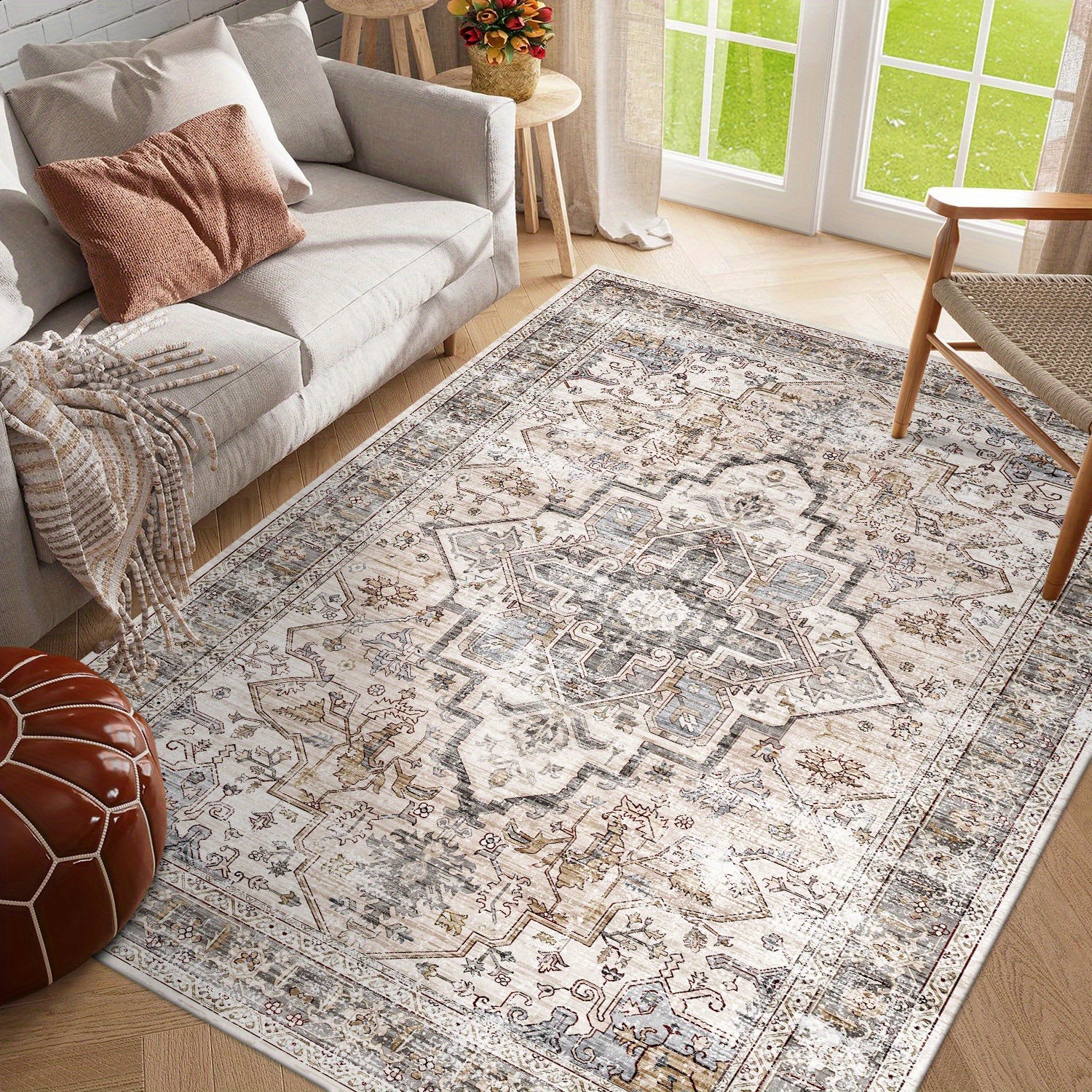 Bohemian Beige Washable Rugs, Ultra Soft Area Rugs, Non Slip Retro Rugs Foldable, Living Room And Bedroom Rugs