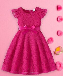 Kids Girls Dress Lace Fly Sleeve Round Neck Casual Dress Fashion Summer Dress with Belt