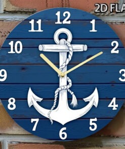Large Face Nautical Anchor Wall Clock - Silent Non-Ticking Battery, Dark Blue & White Acrylic Round with White Numbers, Large Hands, Anchor Hands & Beige Nautical Ring - Maritime Decor for Beach House, Room,, 2D Flat
