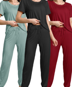 3 Sets of 6pcs, Women'S Casual Polyester Black, Blue, Red Top And Trousers Pajama Set, Solid Color, Fabric, Short Sleeve Top with Trousers Comfortable Home Casual Loungewear Sexy Can Be Worn Outside
